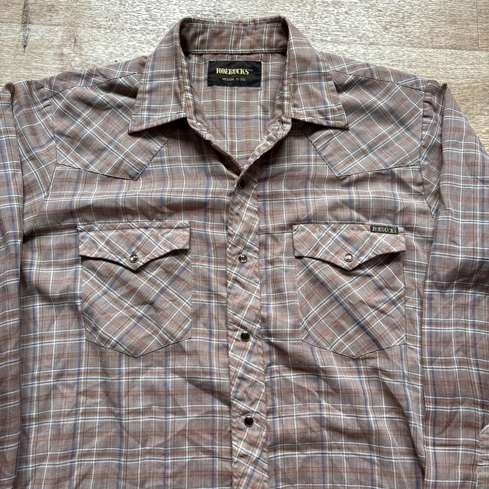 Vintage 70s 80s Roebucks Button Shirt M Brown Blue Western Plaid Pearly Snap